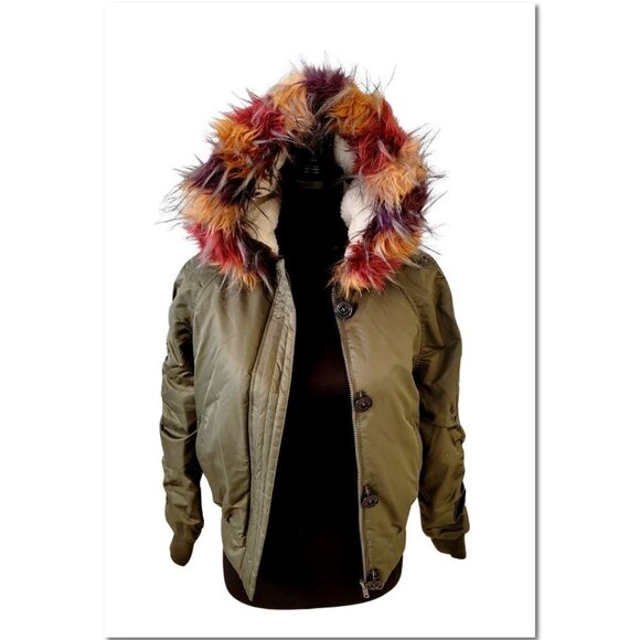 Pink platinum Bomber Jacket Army Green Faux Fur Hood Size Small Junior - Picture 2 of 15